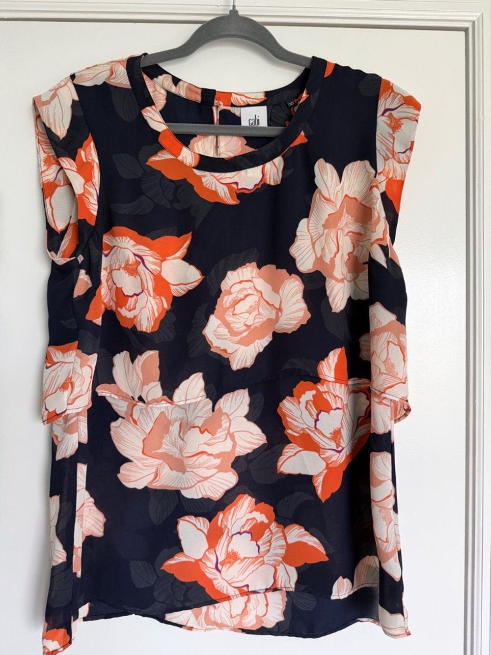 CAbi Navy Top with Coral and Cream Floral Print